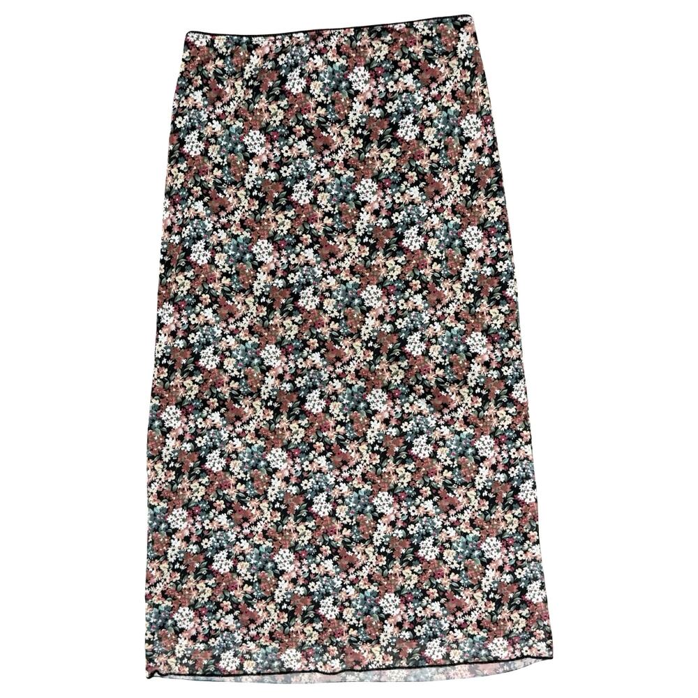 RSQ Black Pink White Green Floral Double Layer Mesh Stretch Midi Skirt Size L - Picture 7 of 7